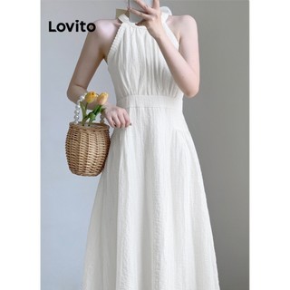 Đầm Lovito cổ xếp nếp vải jacquard màu trơn thường ngày cho nữ L77ED140