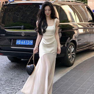 Đảng Pháp Đảng Đảng Đầm Cổ Chữ V Satin Trắng Gợi Cảm Nữ Slim-fit Thiết Kế Cao Cấp Tay Giữa Chiều Dài