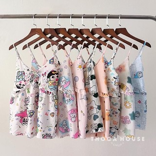 Bộ đồ ngủ hai dây dành cho nữ hoạ tiết dễ thương chất liệu xốp mịn mềm mát