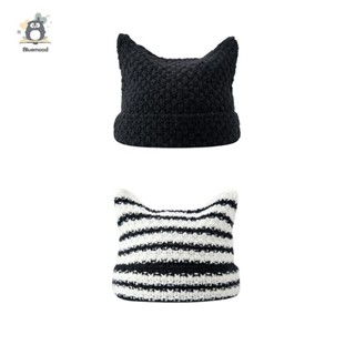 [Bluemood] Mũ len tai mèo dễ thương dành cho nữ Cô gái dệt kim Y2K sọc mùa đông ấm áp dáng rộng vừa vặn Handmade HipHop sành điệu Skullies Cap Mới