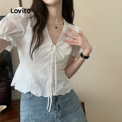 (Phong cách thường ngày) Lovito Áo kiểu ren trơn mùa hè cho nữ L123ED063