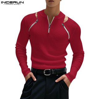 Incerun Nam Thời Trang Đường Phố Hàn Quốc Thiết Kế Nửa Miệng Dài Tay Rỗng Áo Thun