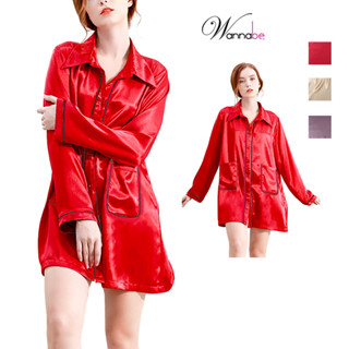 Đầm ngủ sơ mi WANNABE dáng pyjama dáng suông rộng rãi dấu bụng tay dài kín đáo viền gân có túi DNS44