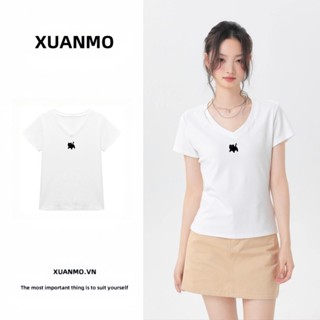 XUANMO Local brand Áo baby tee Áo Thun ôm body Áo y2k 100% cotton Áo thun thể thao in hình cổ V đơn giản màu trắng, thiết kế vừa vặn cho phụ nữ
