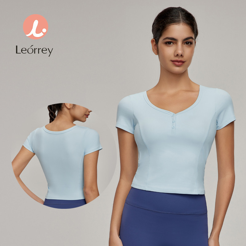 Leorrey-Casual Sport Top Eo Fitness Top Yoga Tay ngắn thoáng khí có đệm ngực