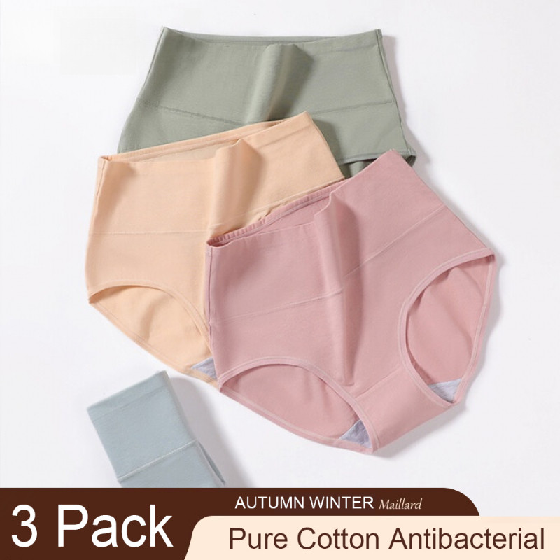 3 Pack Cotton Tummy Control Panties for Women High Waist Soft Briefs Solid Color Underwear Size M-2X