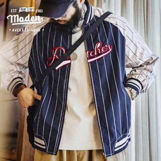  Maden Thương hiệu bảo hộ lao động phong cách nam thanh niên khuôn viên trường phong cách trường học Mỹ retro sọc áo khoác bóng chày chữ thêu huy hiệu tương phản nối áo khoác thông thường 