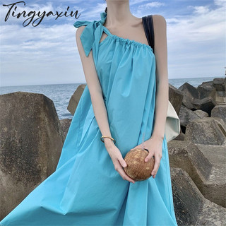Tingyaxiu Váy đi biển nữ đi biển kỳ nghỉ bên bờ biển Siêu cổ tích Cao cấp Váy đeo chéo lệch vai
