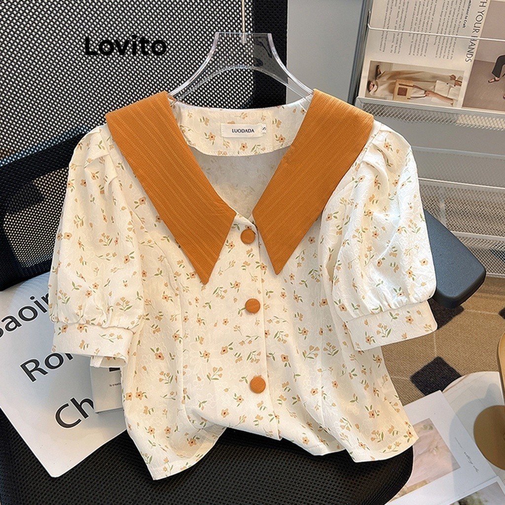 Áo kiểu Lovito cổ tương phản tay phồng ghép nối màu sắc họa tiết hoa nhí thường ngày cho nữ LNA16038 (Nhiều màu) | BigBuy360 - bigbuy360.vn