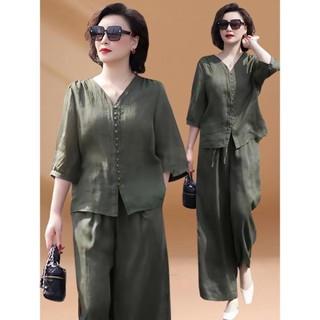 Bộ đồ vải lanh Cotton Quần áo nữ 2024 Phong cách mới Thời trang mùa hè thông thường dành cho mẹ Quần ống rộng dáng rộng thon gọn hơn Bộ đồ hai mảnh