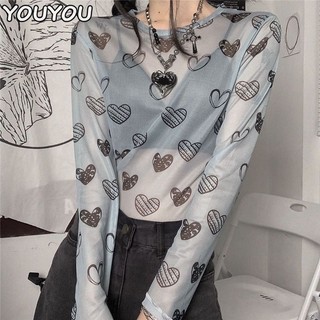 Youyou Ins phong cách Hàn Quốc áo sơ mi chống nắng tình yêu lưới mỏng dài tay