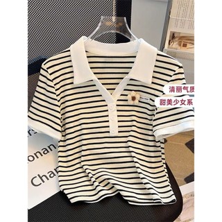 Mùa hè Phong cách mới Pure Desire Style Top Nữ Slim-fit Sọc Slimer Look Áo sơ mi polo