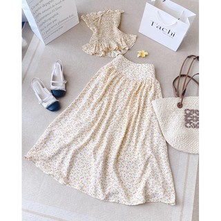 Set áo ống nhún thun vàng hoa nhí + chân váy midi bo eo xoè
