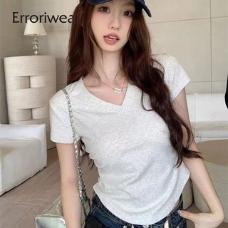 Erroriwear Áo Phông Nữ Cổ Chữ V Màu TrơnSlim Fit Tay Ngắn Crop Top