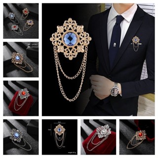 Retro Thời Trang Vàng Bạc Nam Phù Hợp Với Đá Quý Pin Trâm Cưới Vintage Blazer Đỏ Xanh Đá Ve Áo Pin Trâm Cài Có Dây Xích