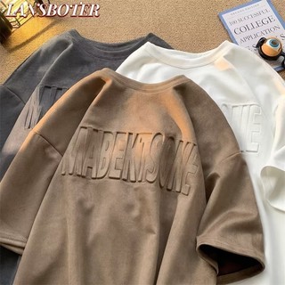 Áo thun nam LANSBOTER mùa hè Mỹ xu hướng retro thời trang đa năng màu trơn dáng rộng tay ngắn