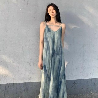 Thiết Kế Mùa Hè Dây Buộc Nhuộm Tính Khí Suspender Nữ Phong Cách Nghệ Thuật Đầm Rời Đi Biển Kỳ Nghỉ Dài Chữ A Váy