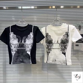 Áo thun ngắn tay cỡ lớn Áo ngắn hàng đầu ngắn y2k Phong cách thiên niên kỷ Hot Girl Top Influencer Cùng phong cách Mùa hè 2026 Phong cách mới Dark Hot Girl Bikini In hình Miếng đệm vai Slim-fit Ngắn tay T @ -