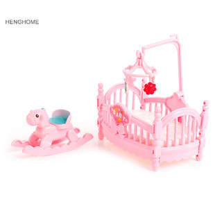 Henghome thu nhỏ cũi giường và ngựa cho trẻ em bé gái tặng búp bê trang trí nhà martijn