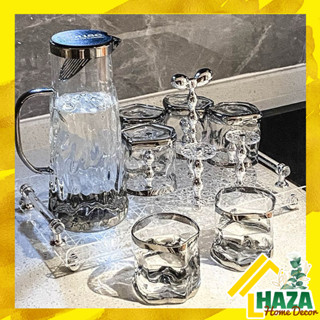 (SẴN) Bộ bình cốc uống nước thủy tinh kèm khay nhựa và giá úp cốc nước nơ bạc trang trí phòng khách