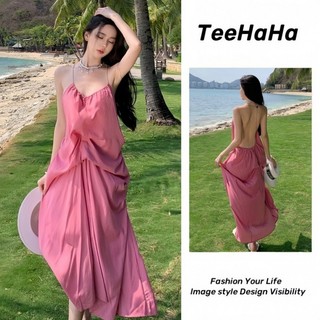 Váy 2 dây trễ vai đi biển Đầm hai dây dài bigsize nữ Váy dây màu hồng cổ Sling Nữ mùa hè Pháp Váy dài đi biển gợi cảm