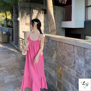 Đầm Suspender Size Lớn Đầm Hàn Quốc Đi Biển Mặc Trà Đầm Size Lớn Đầm Cổ Lá Sen Sang Trọng Giảm Tuổi Váy Đi Biển Màu Hồng Ôm Hơn Nhìn Đơn Giản Viền Khâu Drape Đầm Pure Desire Suspender Dress