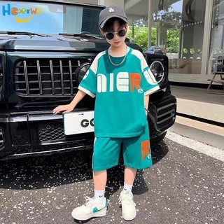 Haoerwu Bộ đồ thể thao trẻ em Thời trang bé trai mỏng đẹp trai dáng rộng quần short áo thun ngắn tay