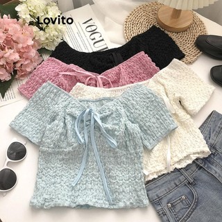 Áo thun Lovito phối nơ màu trơn phong cách dễ thương cho nữ LNA53006