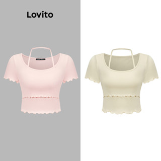 Áo thun Lovito 2 trong 1 màu trơn buộc dây phía sau viền nhún bèo phong cách thường ngày cho nữ L85AD204