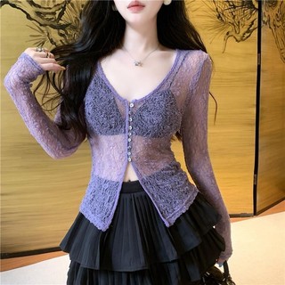 Phối Cảnh Rỗng Cổ Chữ V Áo Thun Nữ Mùa Hè Mỏng Phong Cách Pure Desire Phong Cách Đơn Giản Phù Hợp Với Cô Gái Nóng Dài Tay Ren Đáy Nắng