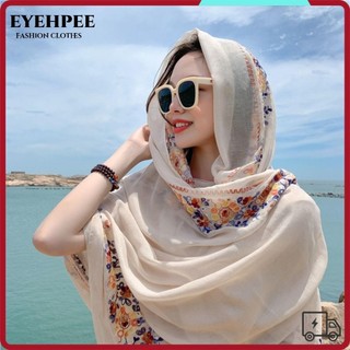 Khăn quàng cổ đi biển nữ, thêu hoa chống nắng Hijab mùa hè, khăn choàng và khăn quấn vải lanh Cotton thời trang