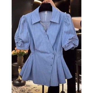 Thiết Kế Sọc Áo Sơ Mi Tay Ngắn Mùa Hè Plus Kích Thước Béo mm Eo Hẹp Ôm Hơn Nhìn Cổ Chữ v Áo Sơ Mi Tay Phồng Nửa Tay Top