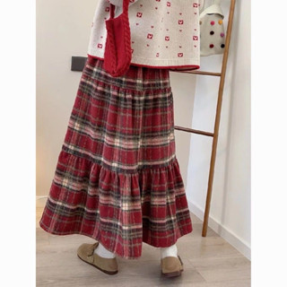 Chân váy dạ caro kẻ dáng xoè dài nữ đỏ đen tầng