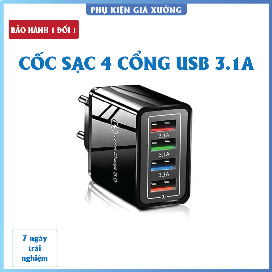 Củ sạc nhanh 4 cổng USB 3.1A, Củ sạc điện thoại 4 cổng, Cốc sạc nhanh 4 USB, Củ sạc đa năng 4 cổng .