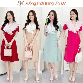 Đầm xòe cổ phối bèo, đính nút siêu xinh S&M - GR0268