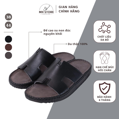 Dép Nam Quai Ngang Da Bò Cao Cấp, Đế Cao Su Non Nguyên Khối, Chống Trơn Trượt - MH Store DDKH