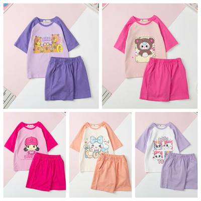Bộ mùa hè cotton Bé gái LITIBABY ngắn tay phối hoạt hình size 2 đến 8 tuổi