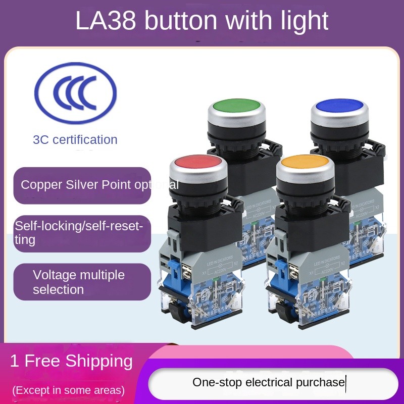Nút Nhấn Có Đèn LA38-11D/11DN - Đầu Phẳng 22mm, 12V/24V/220V, Tự Phục Hồi & Tự Khóa, Đa Dạng Màu Sắc