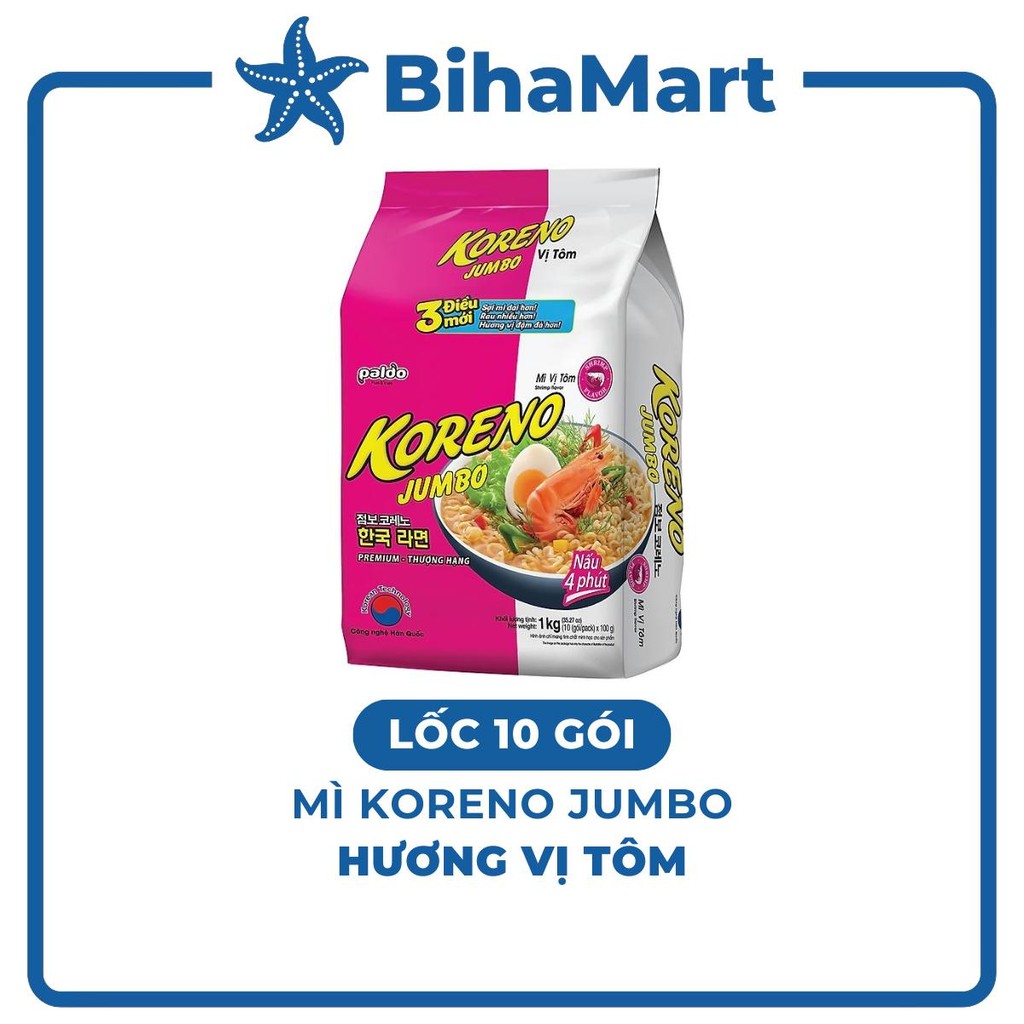 LỐC10GÓI-PALDO- Mì Koreno Jumbo hương vị Tôm, Mì tôm Koreno Jumbo, Mì ăn liền Koreno Jumbo, Mì Hàn Q