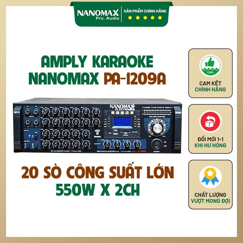 Amply Karaoke 20 Sò Nanomax PA-1209A 1100w Kết Nối Bluetooth Hàng Chính Hãng