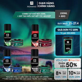 Combo xịt toàn thân Romano 150ml + Sáp tạo kiểu giữ nếp tóc Romano Restyleable Wax 68g/hộp