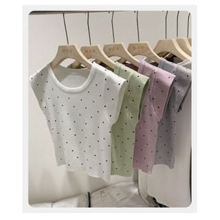 Áo vest cổ tròn chấm bi ngọt ngào áo thun dệt kim ngắn tay