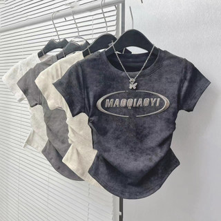 Retro Tie-Dye Xếp Ly Vai Áo Thun Nữ Tay Ngắn Mùa Hè Tất Cả @