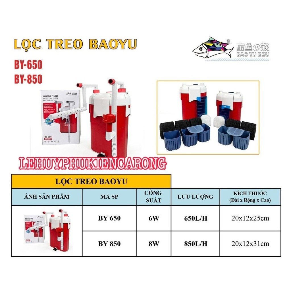 Lọc Treo Baoyu BY-650 / BY-850  BY1200 – Lọc Nước Cho Hồ Cá Cảnh Nhỏ Gọn, Êm Ái