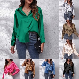 Áo sơ mi thanh lịch làm việc nữ thanh lịch satin lụa áo dài tay ol work
