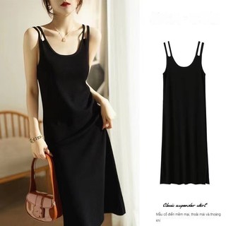 Mùa hè Mới Hiệu ứng hãm hiếp Giảm béo Retro Váy trơn màu đen