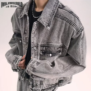 Áo khoác denim giặt đau khổ Paul FITZGERALD dành cho nam 2024 mới phong cách Mỹ đẹp trai đa năng ve áo
