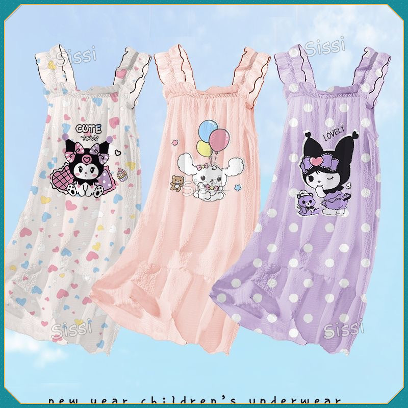 Kuromi Pyjama Cho Trẻ Em Bé Gái Cinnamoroll Giai Điệu Mùa Hè Đồ Ngủ Sling Váy Ngủ Hoạt Hình Anime Nhà Quần Áo Cho Bé Gái Nhà Quần Áo