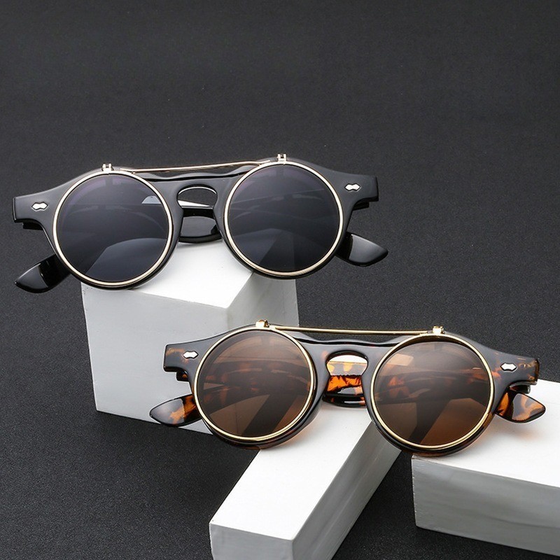 Punk Steam Round Kính râm đôi Retro Flip Sunglasses Street Shot Kính mắt thời trang