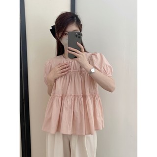 Mùa Hè 2023 Phong Cách Mới Niche Thiết Kế Cảm Giác Xếp Ly Cổ Tròn Tay Ngắn Áo Sơ Mi Nữ Sang Trọng Rời Nhỏ Áo Sơ Mi